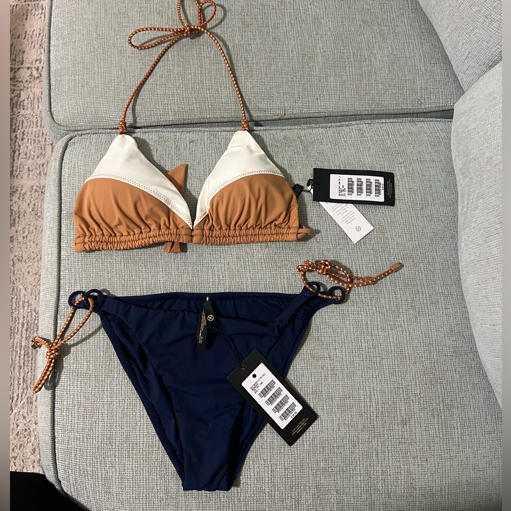 NWT $184 Vix swimsuit bikini navy tan side ties beautiful ! Large bottom d cup